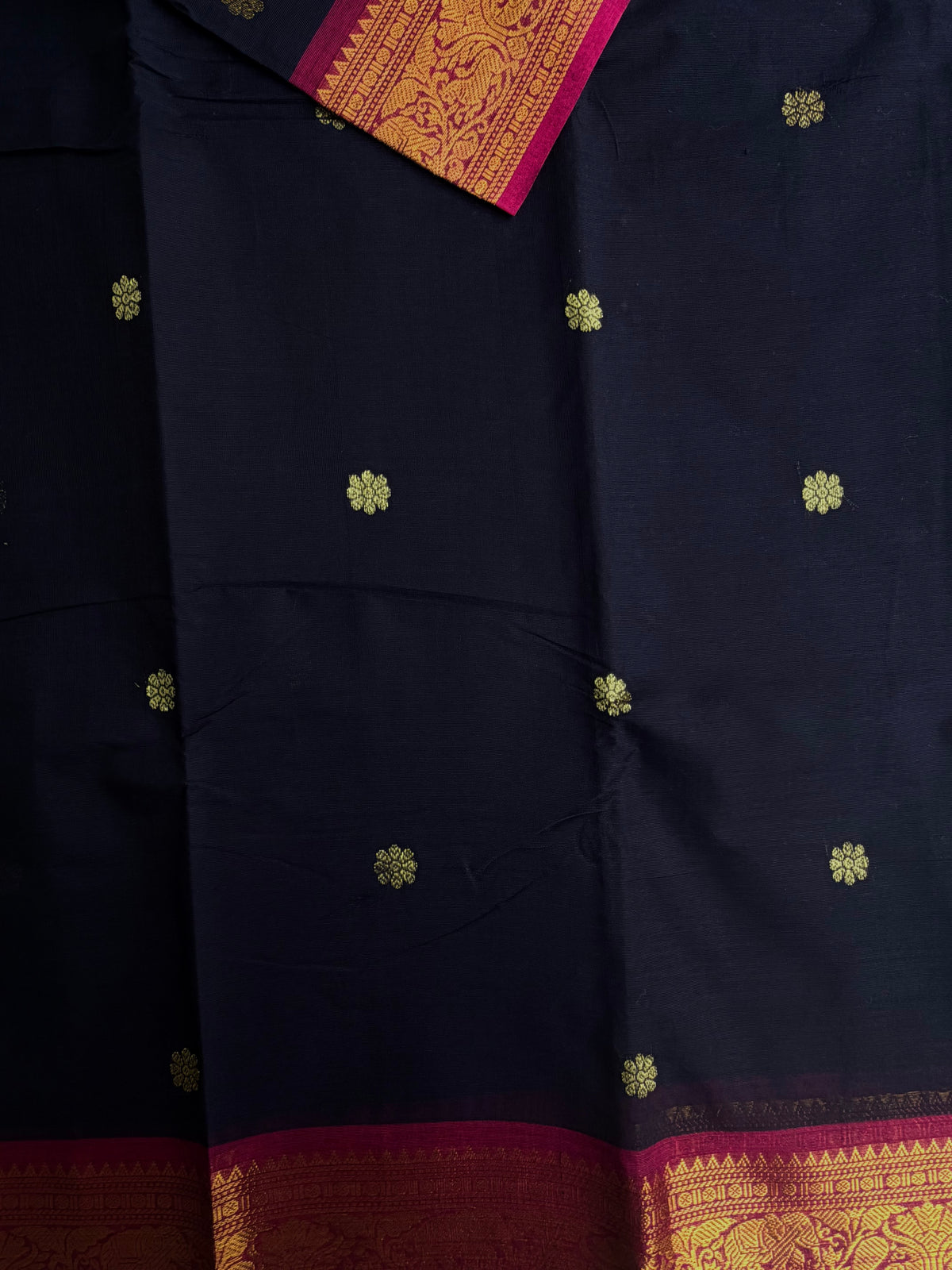 Kanchi cotton saree with butta weaves & grand pallu - dark blue