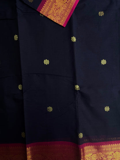 Kanchi cotton saree with butta weaves & grand pallu - dark blue