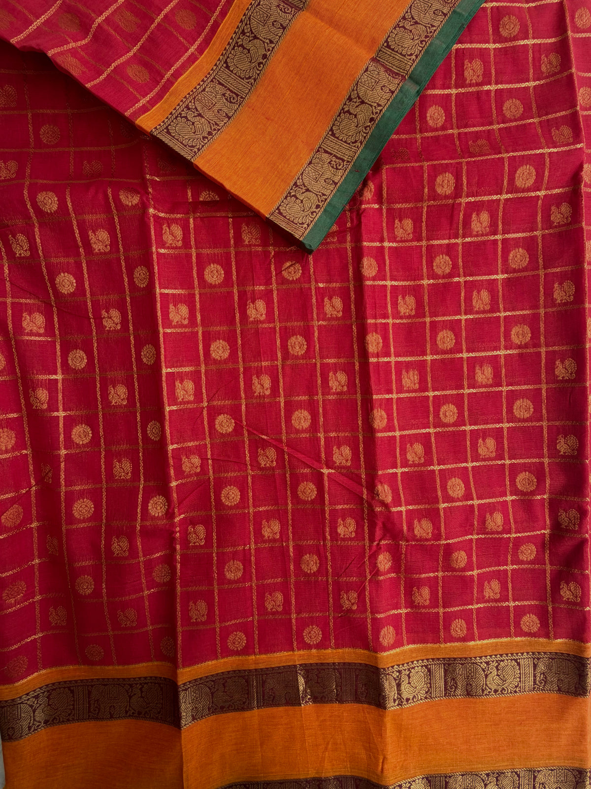 Kanchi cotton saree in checks & butta weaves & grand pallu