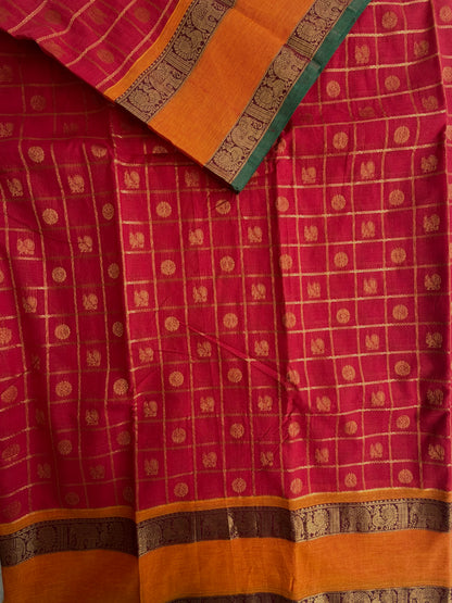 Kanchi cotton saree in checks & butta weaves & grand pallu