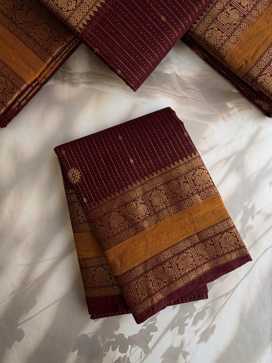 Kanchi cotton saree in Vairaoosi & butta weaves & grand pallu - Brown