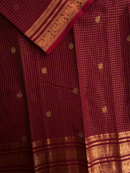 Kanchi cotton saree with kattam weaves & grand pallu maroon