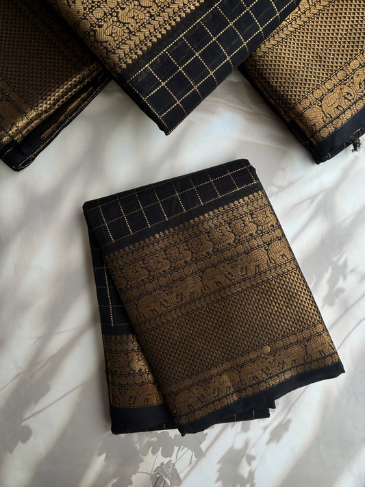 Black Kanchi cotton saree in kattam weaves & grand pallu