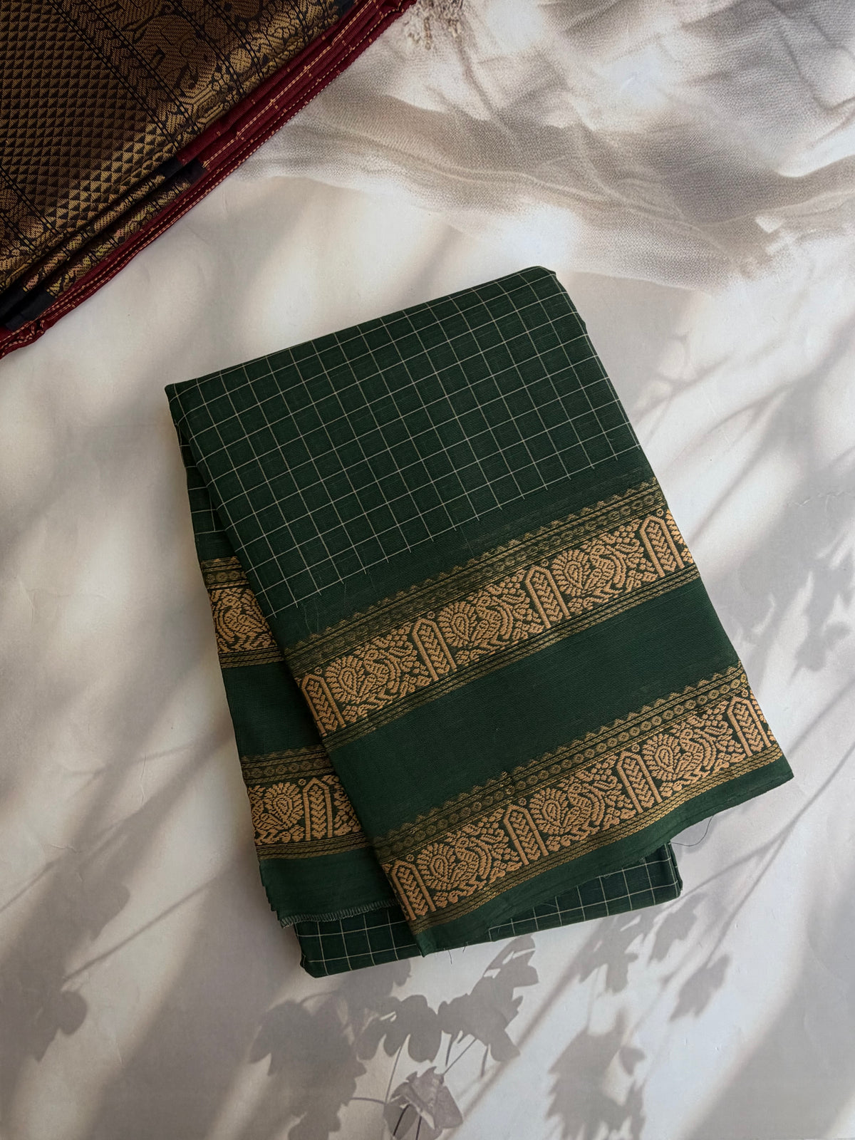 Kanchi cotton saree in kattam pattern Green