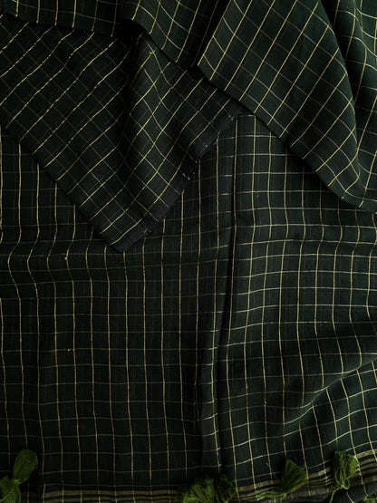 Green Mul mul saree in zari checks