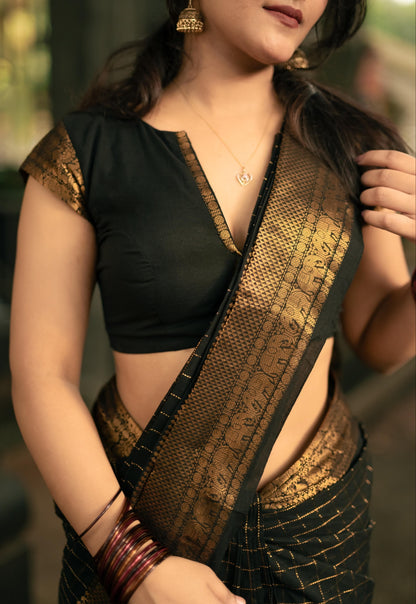 Black Kanchi cotton saree in kattam weaves & grand pallu