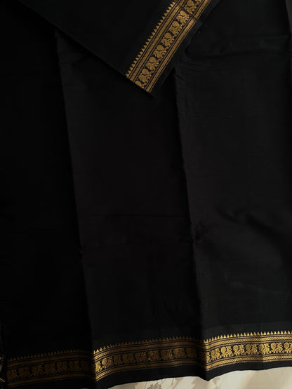 Kanchi cotton saree with minimal zari border - black