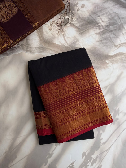 Kanchi cotton saree with zari border black
