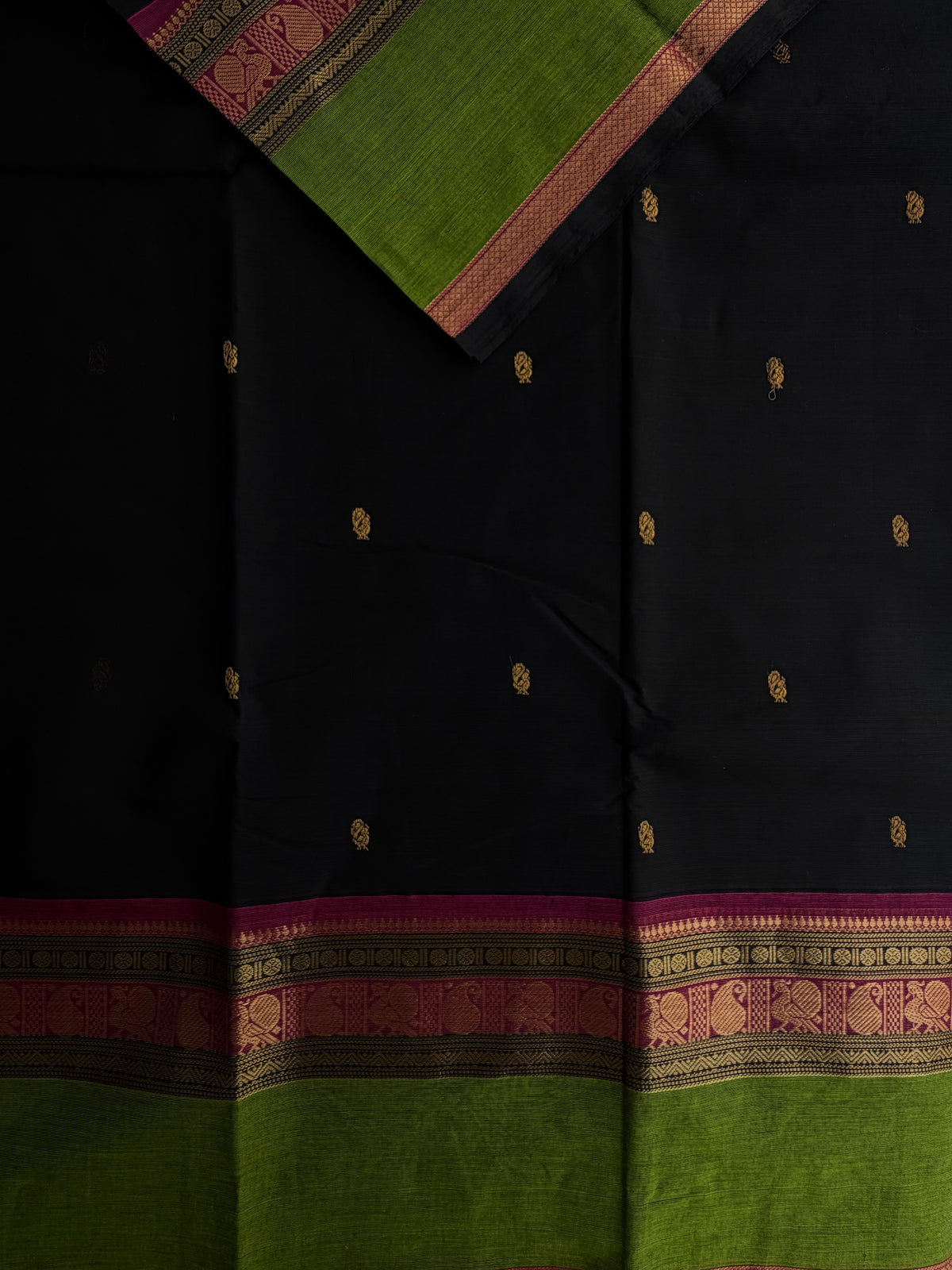 Black Kanchi cotton with annam zari butta weaves & grand pallu