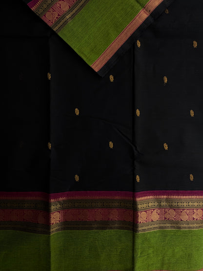 Black Kanchi cotton with annam zari butta weaves & grand pallu
