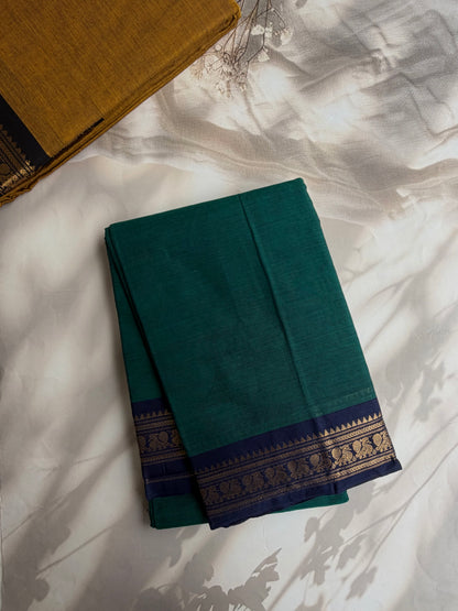 Kanchi cotton saree with zari weaves peacock green