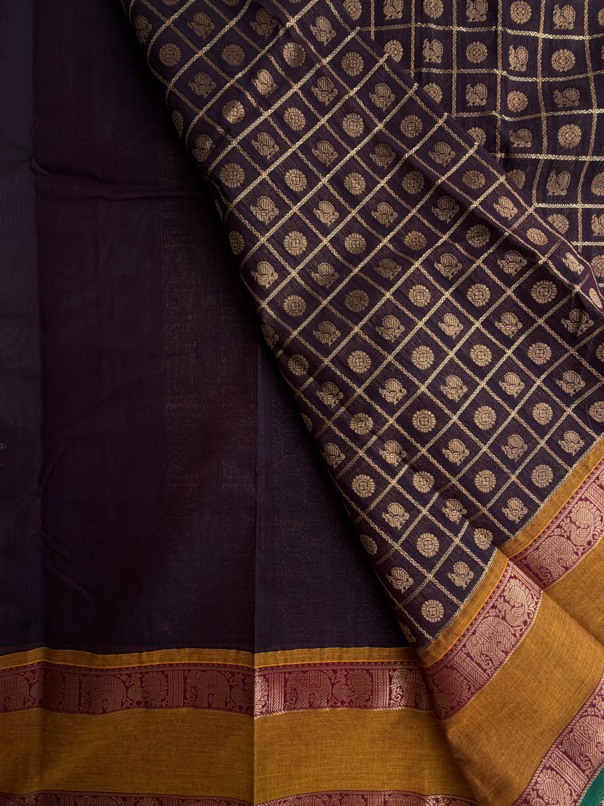 Kanchi cotton saree in 1000 buttas & zari check weaves with grand pallu brown
