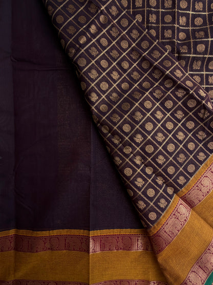 Kanchi cotton saree in 1000 buttas & zari check weaves with grand pallu brown