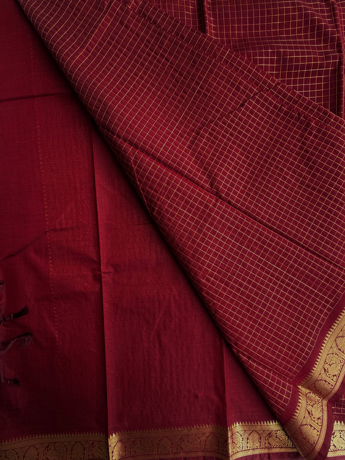 120 count mercerized Kanchi cotton with zari kattam & grand pallu - maroon