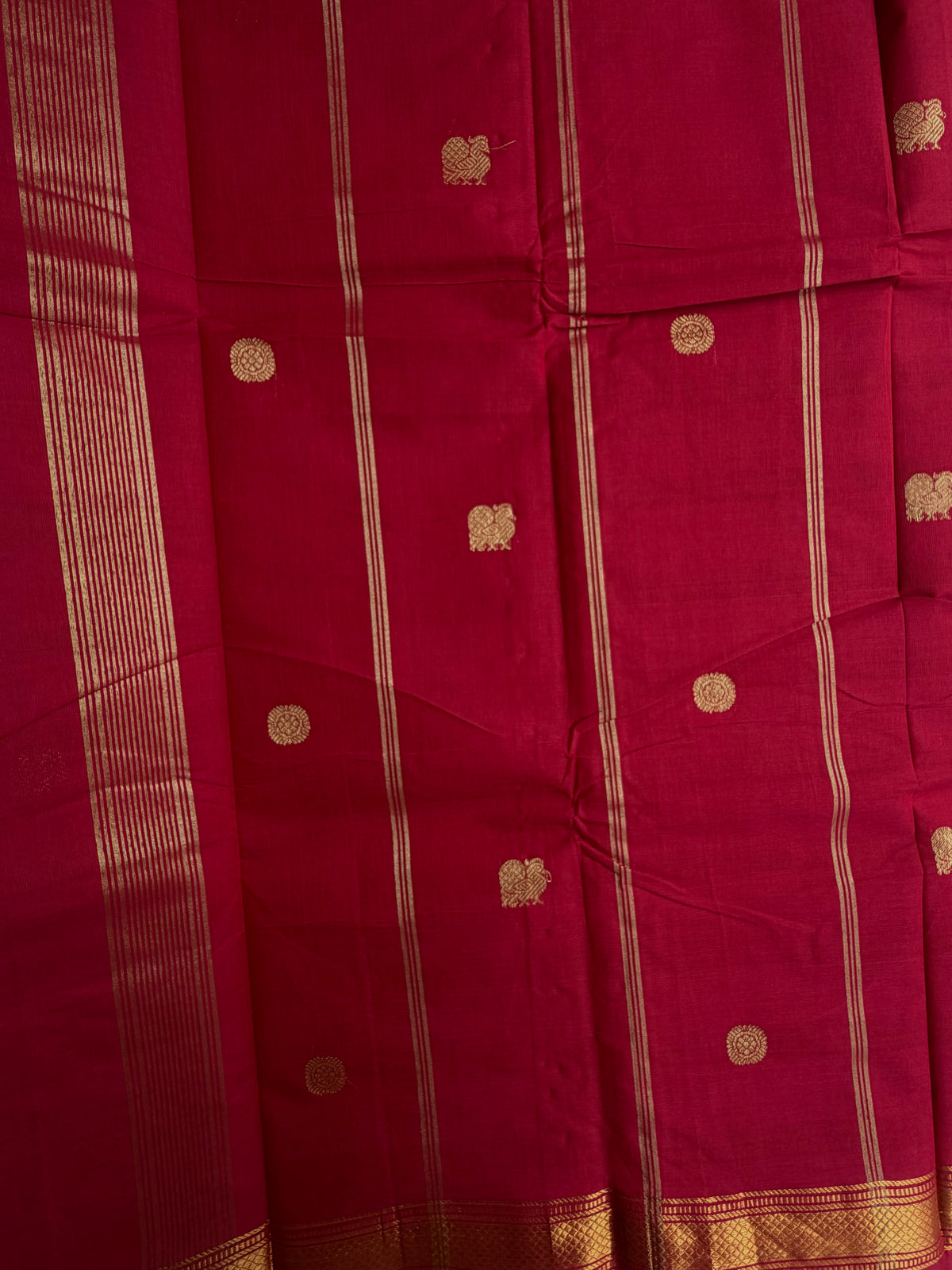 Red Kanchi cotton saree with annam zari butta weaves & zari pallu