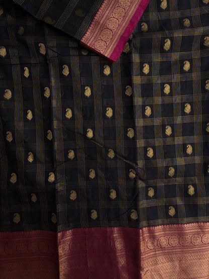 Kanchi cotton saree in checks & butta weaves with grand pallu black with pink border