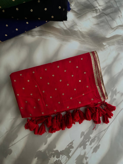 Red Mul mul saree in golden polka dots
