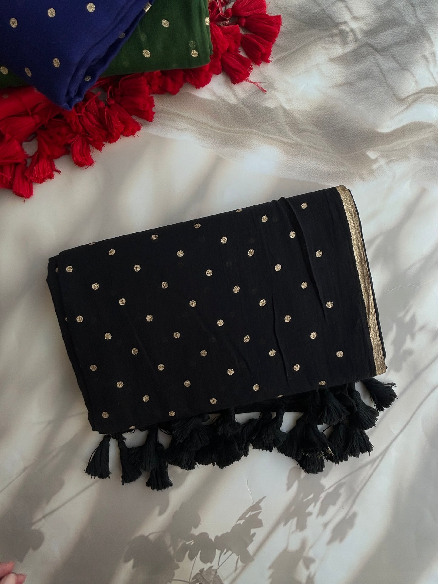 Black Mul mul saree in golden polka dots