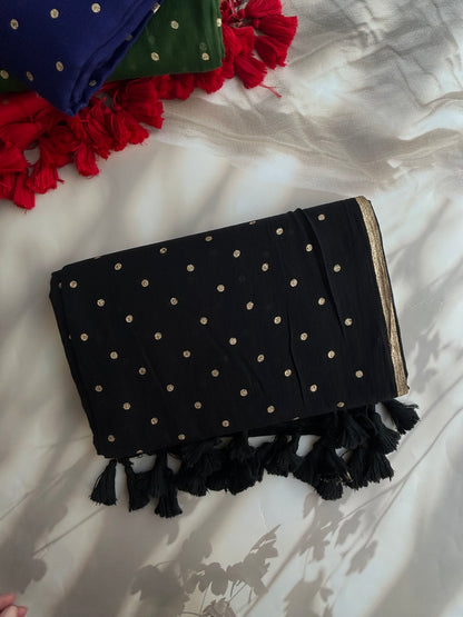 Black Mul mul saree in golden polka dots