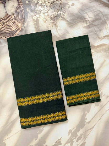 Sungudi saree with minimal zari border dark green