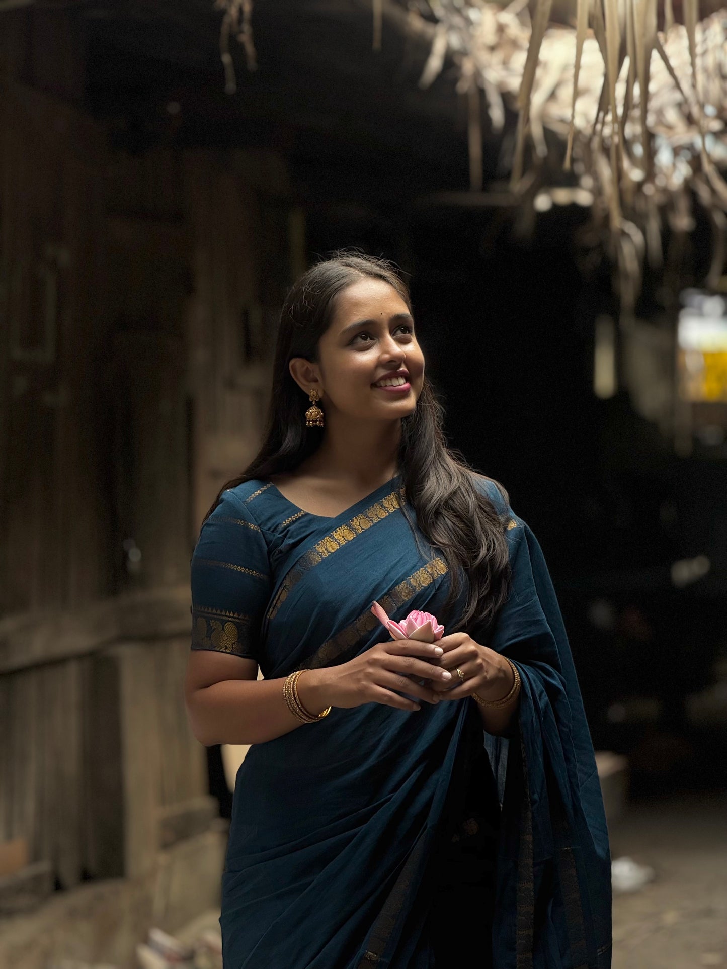 Sungudi Cotton saree with peacock border Rama blue