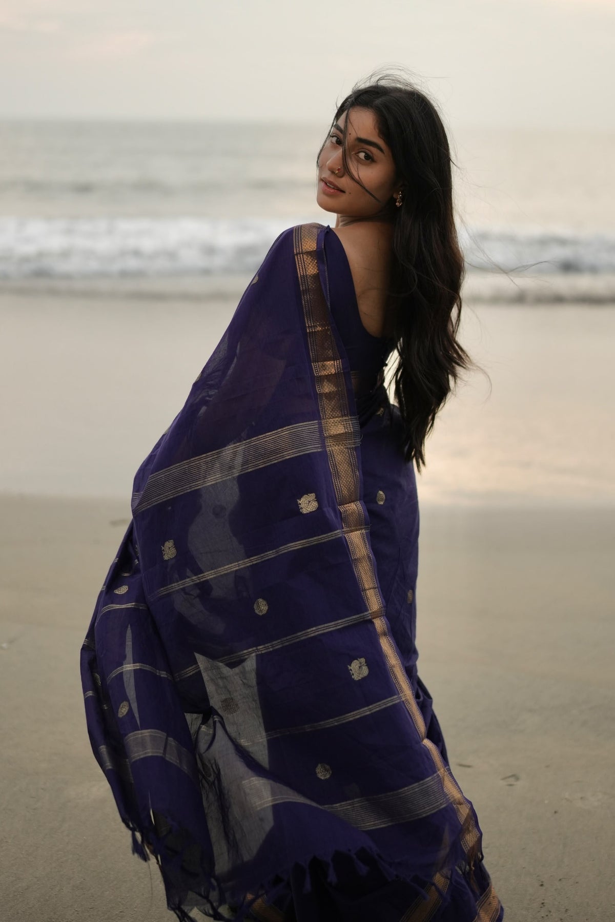 Kanchi cotton with zari weaves on body and pallu - dark blue