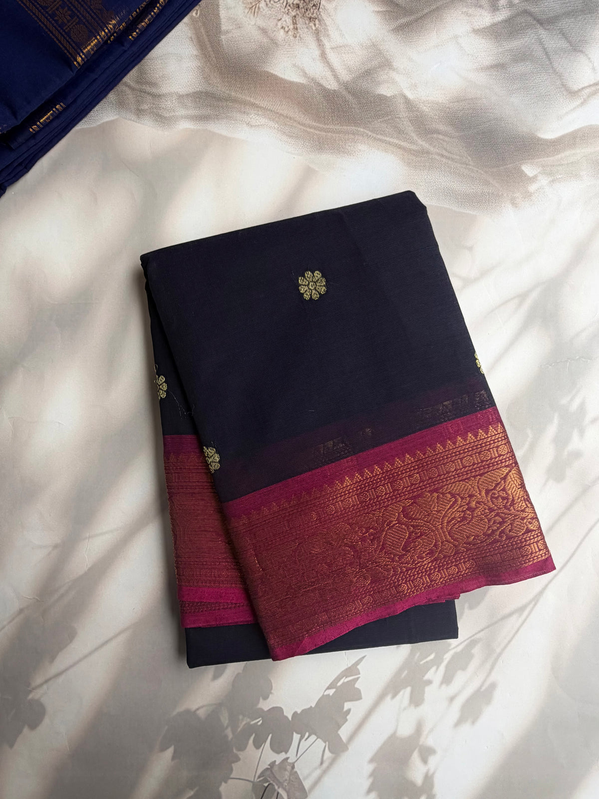 Kanchi cotton saree with butta weaves & grand pallu - dark blue