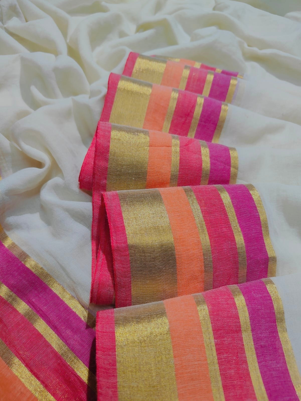 Off white Mul mul saree with zari borders