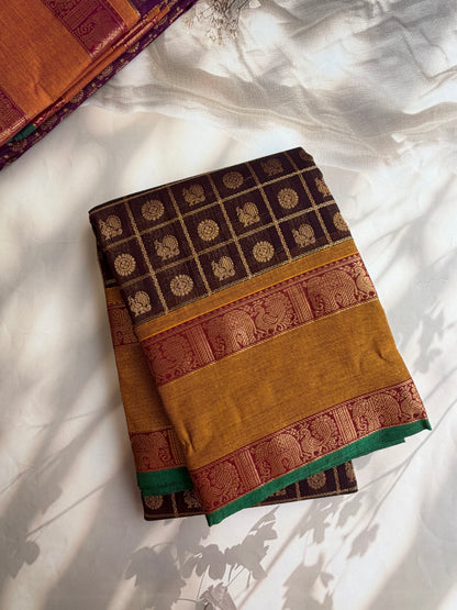 Kanchi cotton saree in 1000 buttas & zari check weaves with grand pallu brown