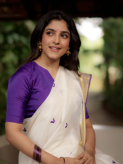 Kasavu saree in embroidery - Russian violet