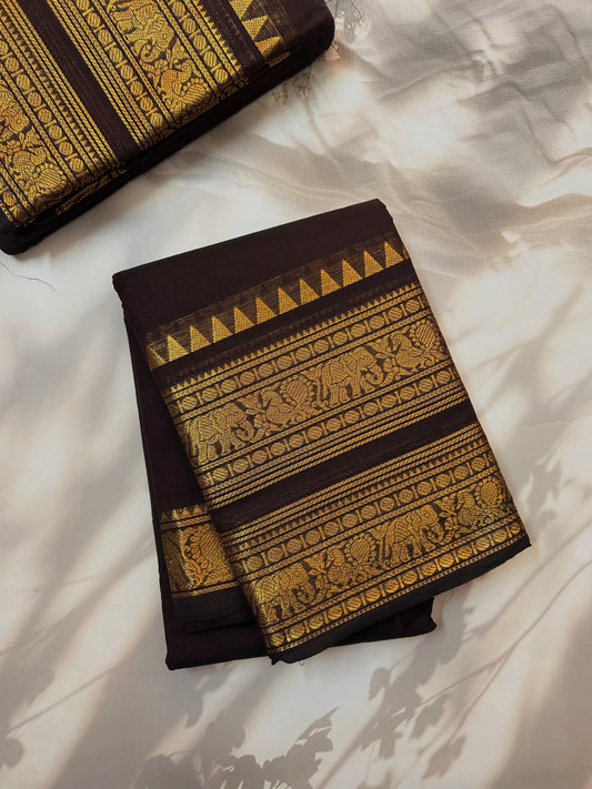 Kanchi cotton saree with rettapett border - Coffee brown