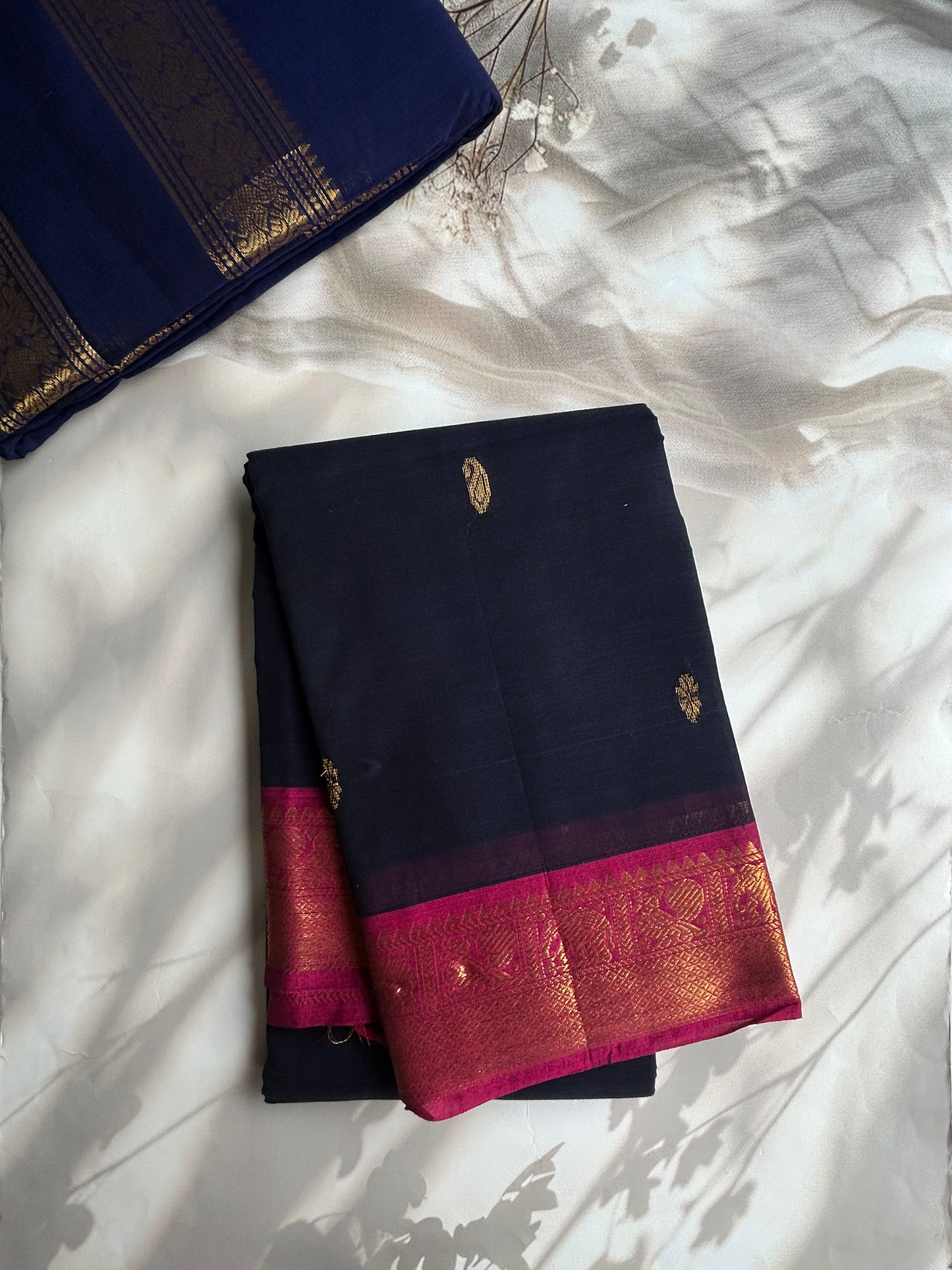 Kanchi cotton saree in butta weaves - deep navy blue