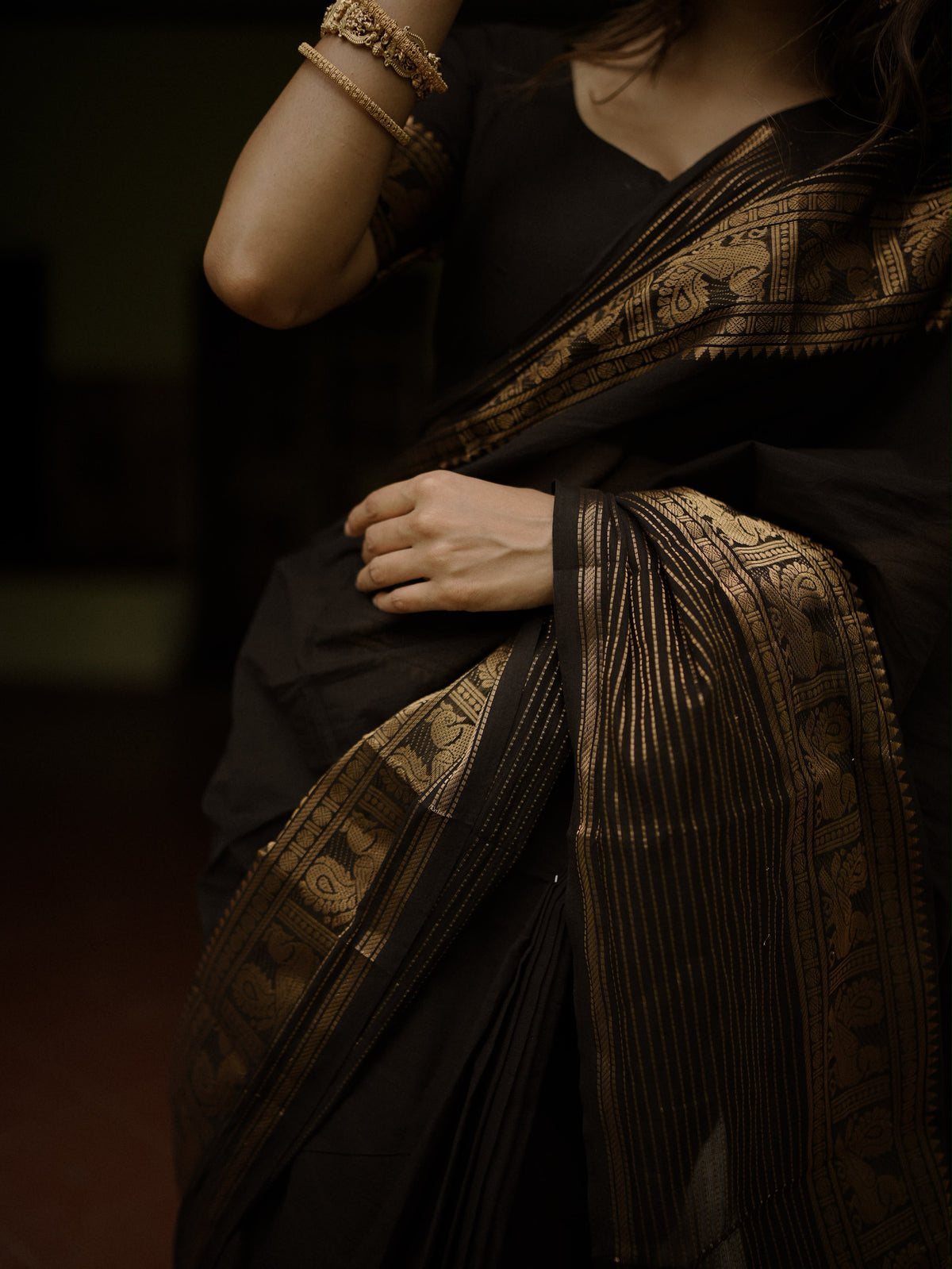 Black Kanchi cotton saree with zari lines border