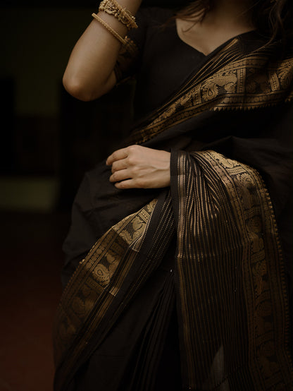 Black Kanchi cotton saree with zari lines border