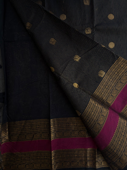Kanchi cotton saree in Vairaoosi pattern zari butta weaves & grand pallu black
