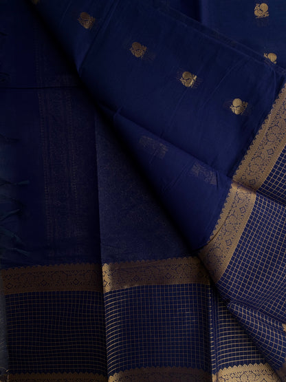 Kanchi cotton with zari butta weaves with kattam border and grand pallu blue