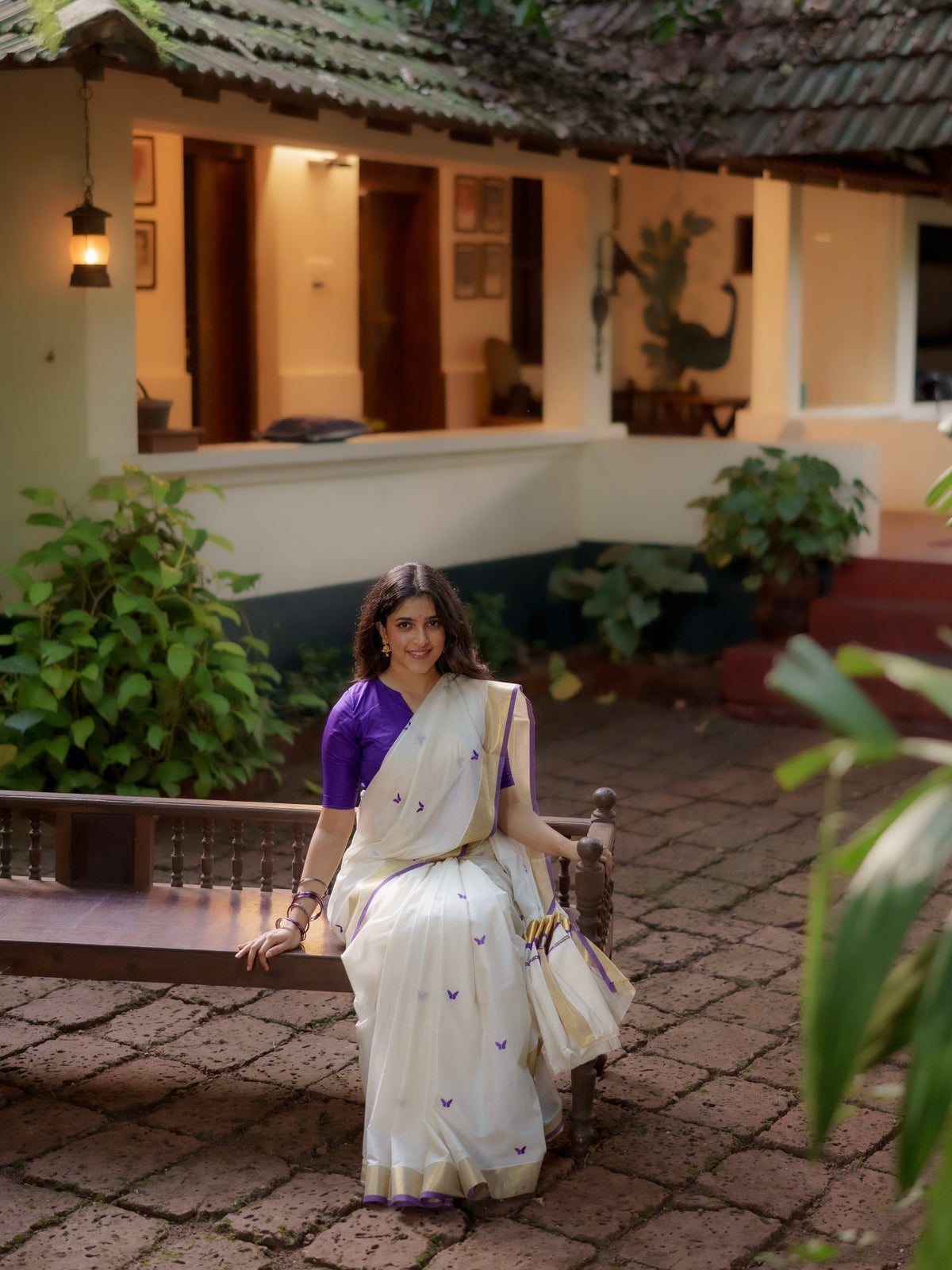 Kasavu saree in embroidery - Russian violet