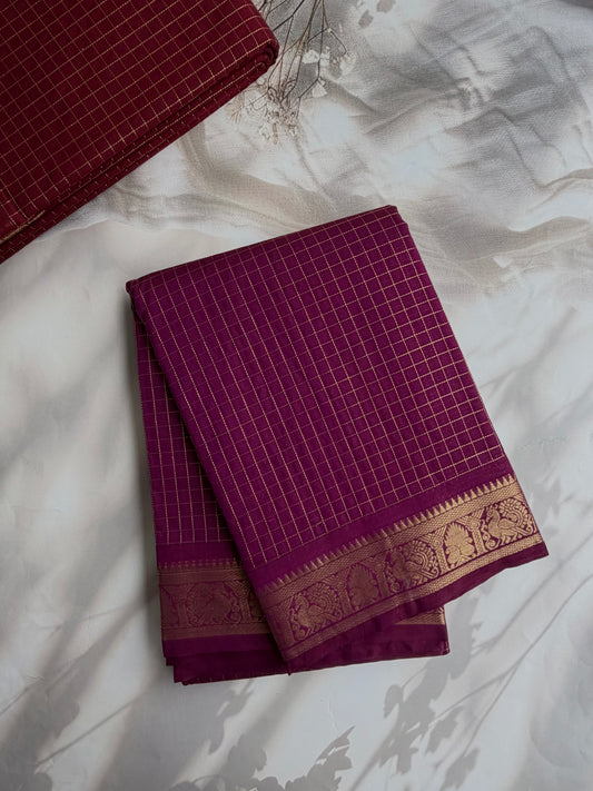 120 mercerised Kanchi cotton with checks & grand pallu - pink