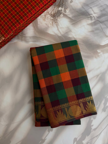 Kanchi cotton saree in kattam pattern - multicolor