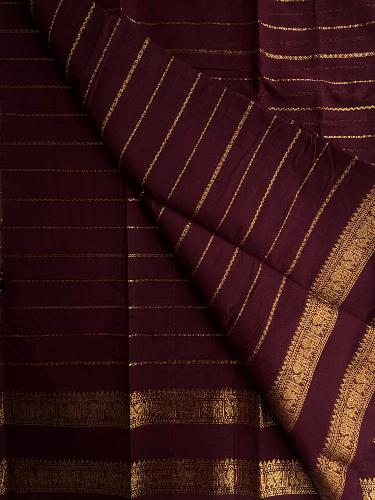 Kanchi cotton saree in Velthari pattern zari weaves brown