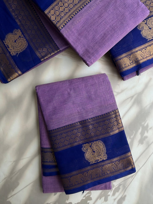 Kanchi cotton saree with zari weaves - lavender with blue border