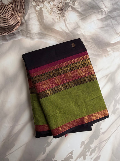 Black Kanchi cotton with annam zari butta weaves & grand pallu