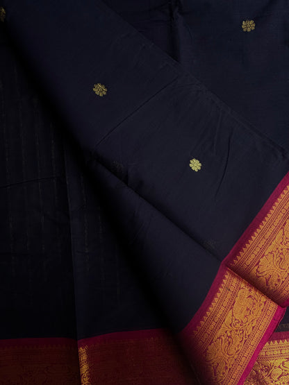 Kanchi cotton saree with butta weaves & grand pallu - dark blue