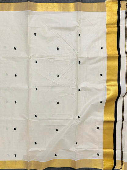 Kasavu saree in mango butta embroidery - black