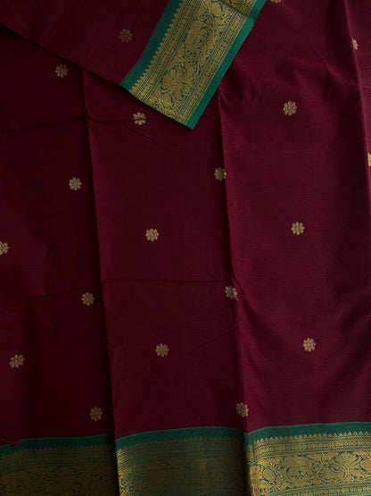 Kanchi cotton saree with zari butta weaves & zari pallu maroon