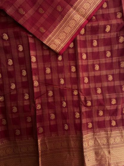 Kanchi cotton saree in checks & butta weaves & grand pallu maroon