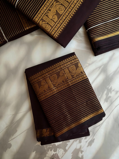 Brown Kanchi cotton saree with zari lines border