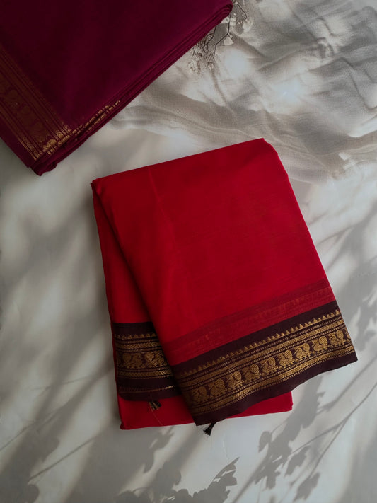 Kanchi cotton saree with minimal zari border red & brown
