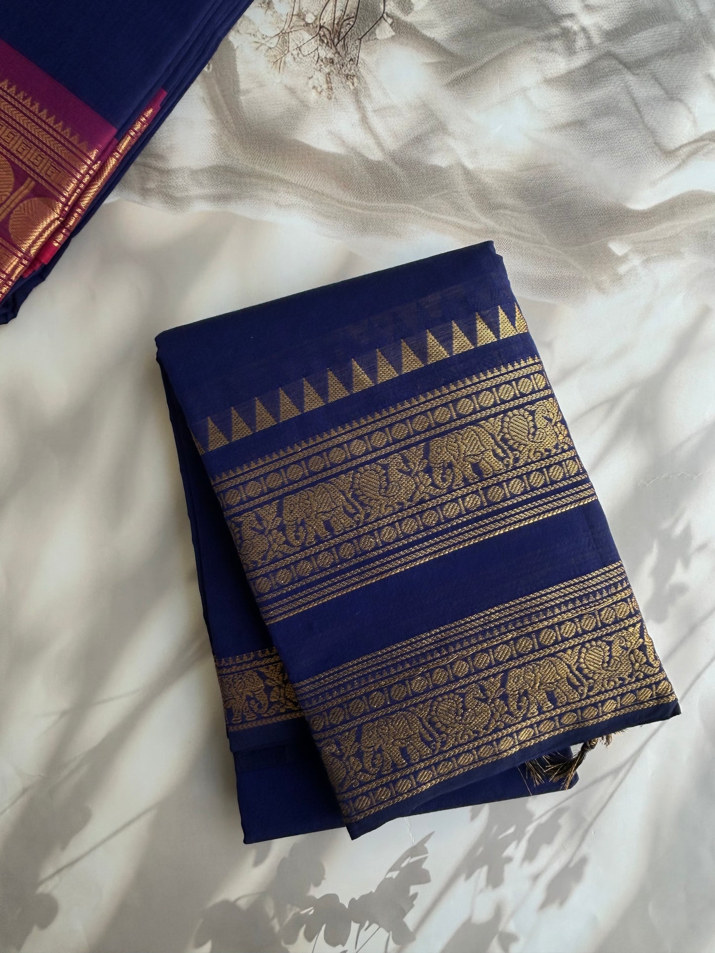 Kanchi cotton saree with rettapett border - navy blue
