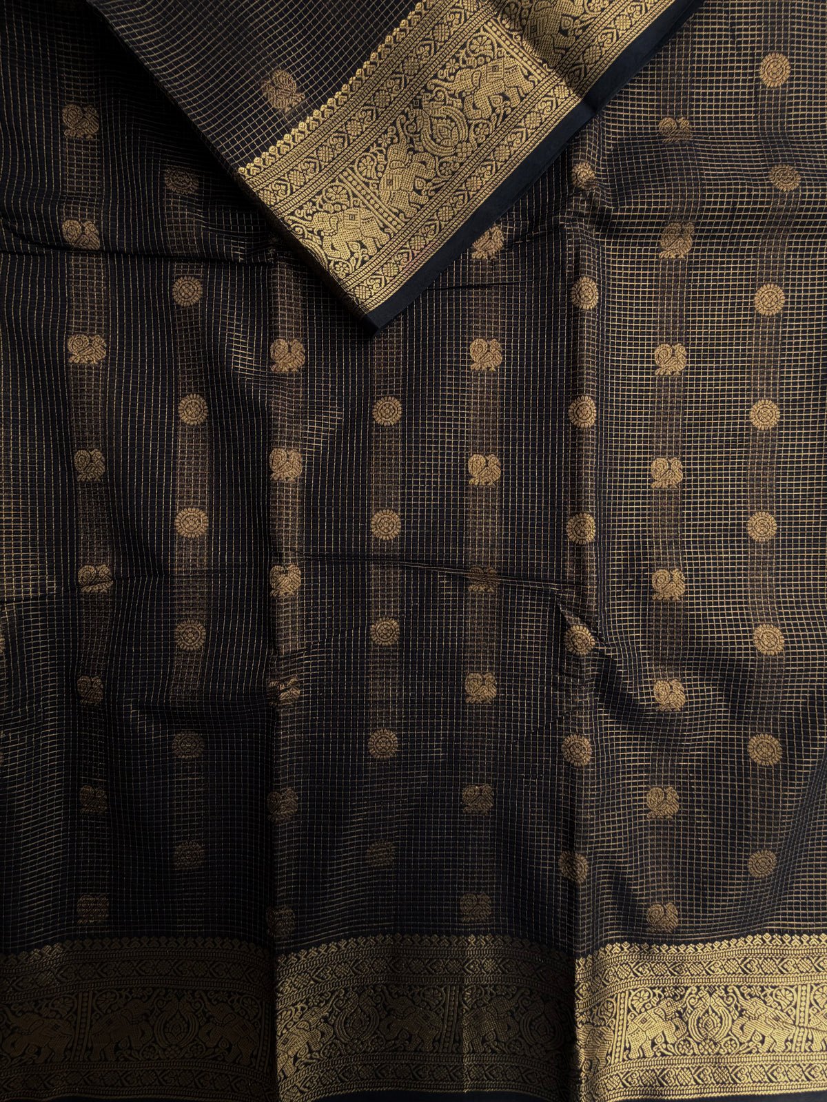 Kanchi cotton saree in mini kattam & butta weaves & grand pallu black